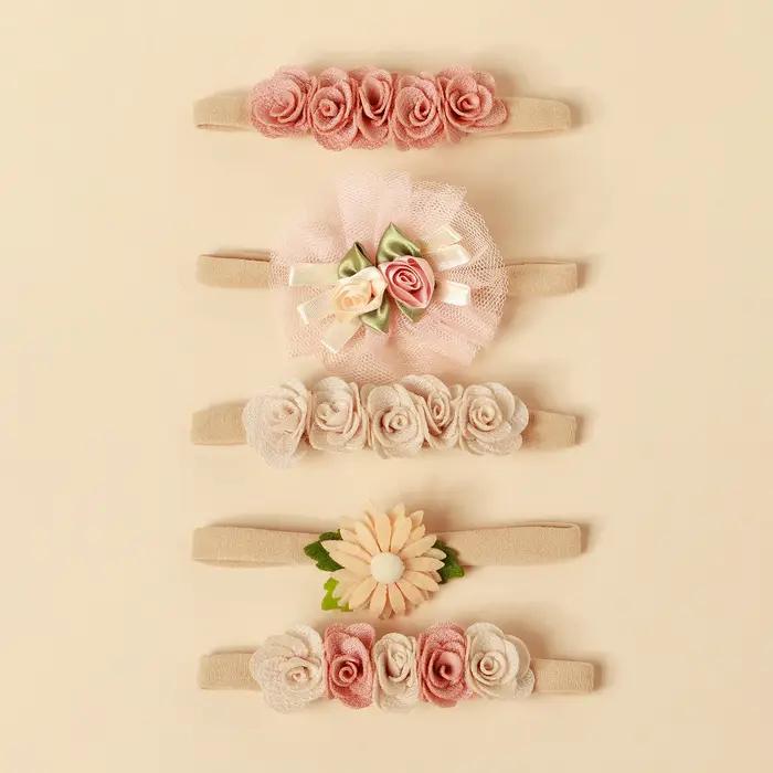 5 pièces rose dentelle Simulation fleurs cheveux accessoires pour nouveau-né fille épissage bandeau