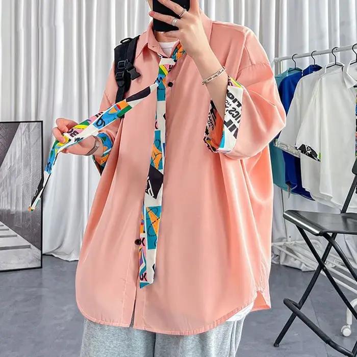 Chemises à manches courtes pour hommes, col rabattu, bouton, monochromatique, streetwear décontracté, beau, simple, mode, vêtements pour hommes, 2023