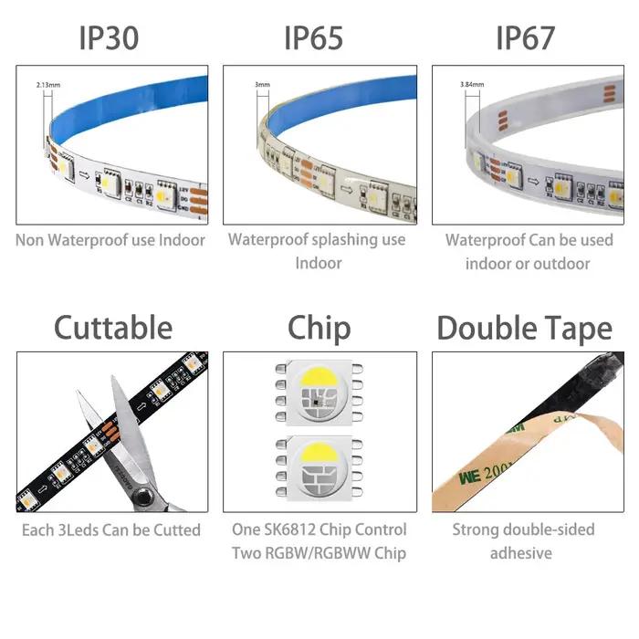 SK6812 DC12V RGBW RGBWW 5050SMD bande lumineuse Led un lecteur IC 3Led 4 en 1 lumière intelligente 6
