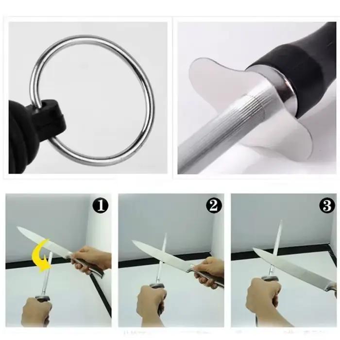 Tige d'affûtage de couteaux professionnelle en acier inoxydable avec poignée ABS pour cuisine et préparation des aliments