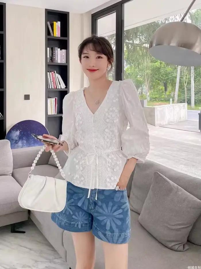 Pouvez-vous psyLady-Chemisier chic à manches bouffantes pour femme, élégant, blanc, avec broderie fl