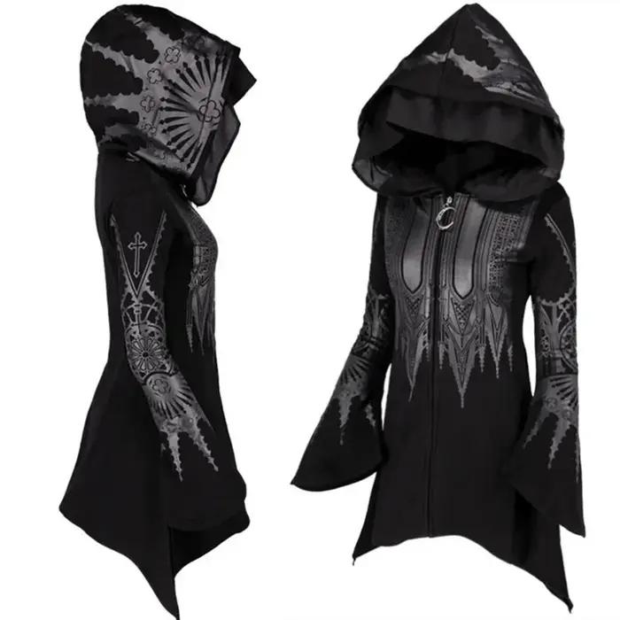 Street Goth Style Punk noir Long haut à capuche Harajuku rétro foncé Grunge Y2K imprimer sweats 2022 nouveau automne