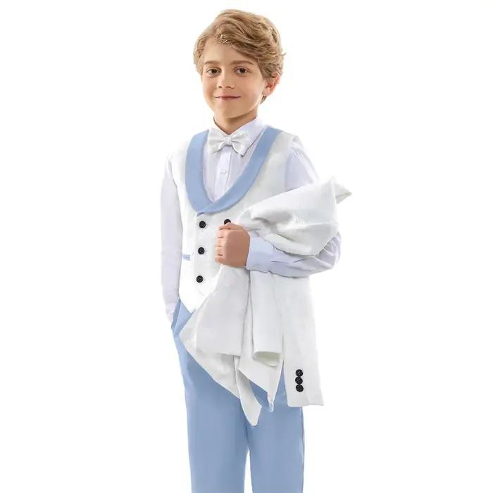 Costume formel classique 4 pièces pour garçons, blanc et bleu ciel contrasté, blazer, gilet et panta