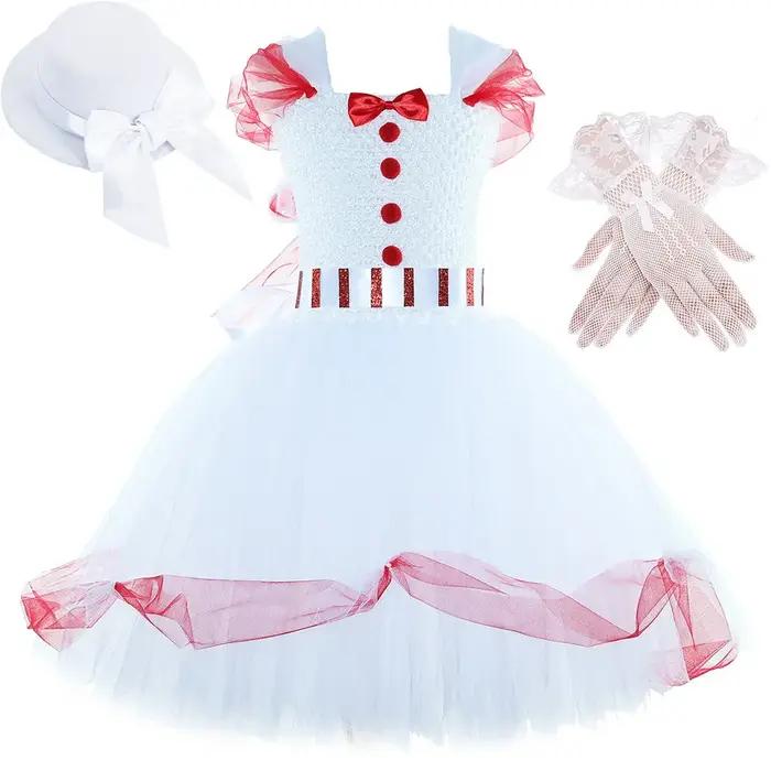 Costume Mary Poppins pour filles, robe tutu en tulle rouge et blanc, déguisement pour halloween et occasions spéciales de fête