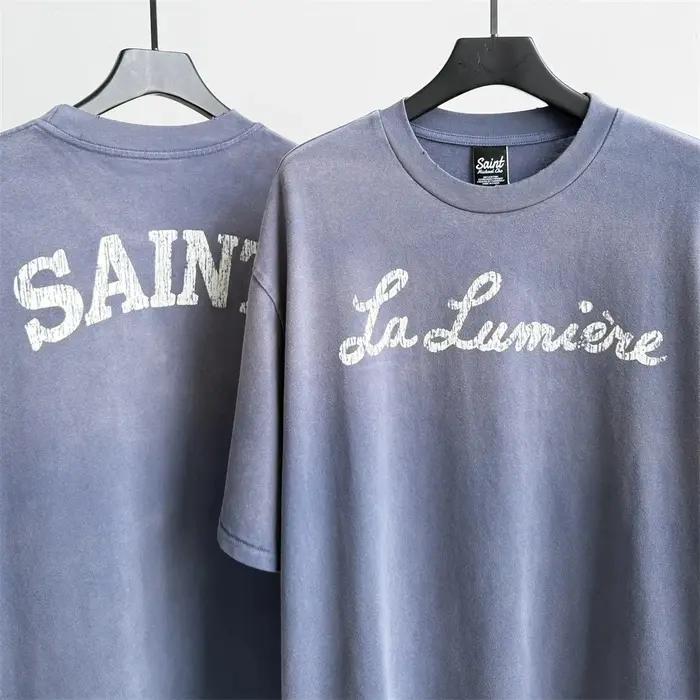 T-shirt en tissu imprimé Saint La Lumière vintage 2026 pour hommes et femmes, tee-shirt bleu délavé