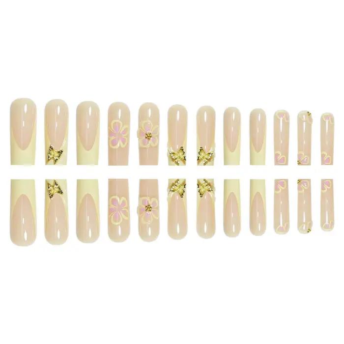 Faux ongles en forme de cercueil, longs et frais, jaune, Style français, fleur imprimée, motifs papi