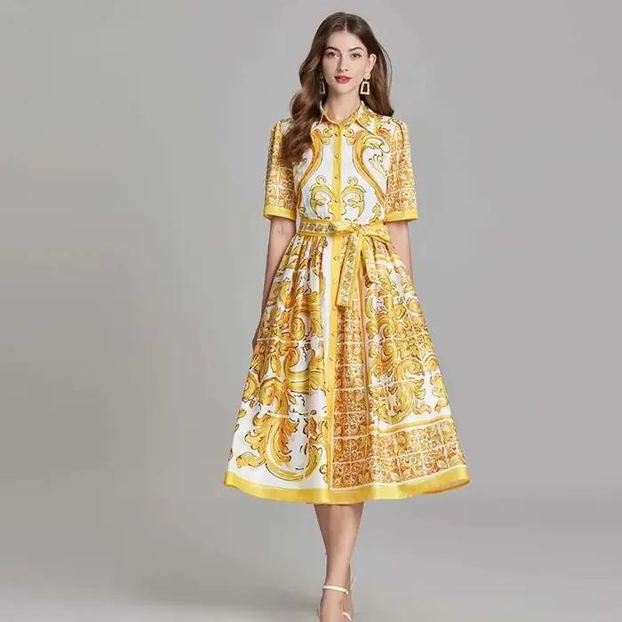JAMERARY-Robe Mi-Longue à Fleurs Dorées pour Femme, Chemise à Simple Boutonnage, lèvent de Perles, M