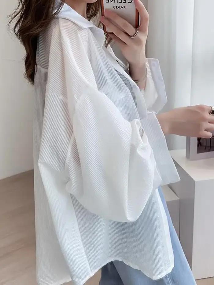 Jmprs coréen Sexy femmes Transparent rayé chemise surdimensionné ample à manches longues