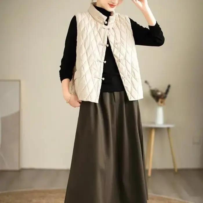 Gilet matelassé en fibre de coton pour femmes, veste légère, gilet design chaud, cardigan vintage, vêtements d'automne et d'hiver