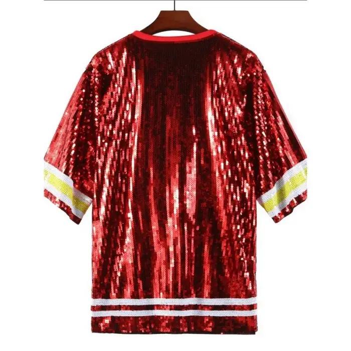 Summer Rugby Team Uniform Sequined Jersey Red Color Letters Printed Women's