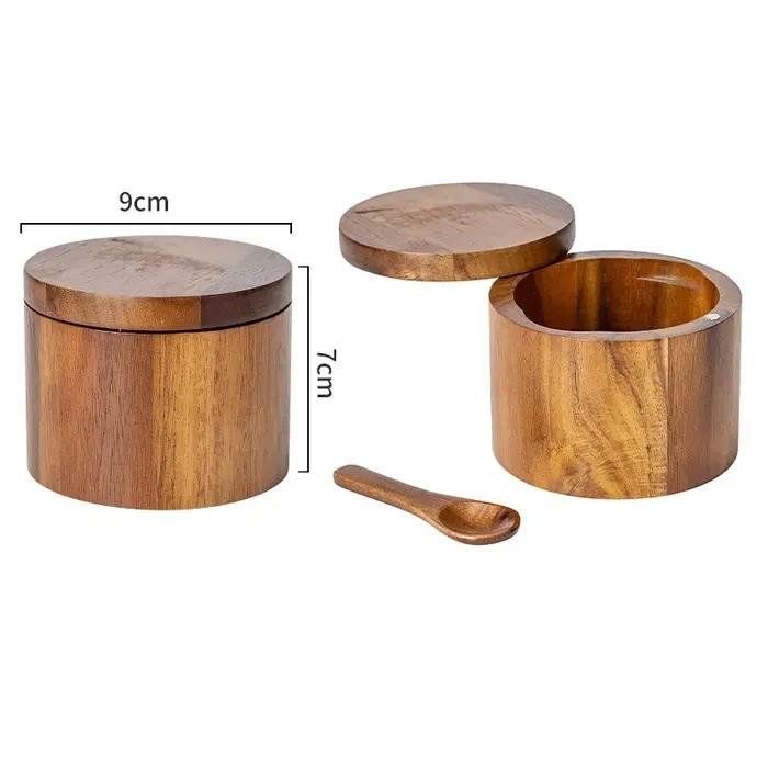 Bol à sel et à poivre en bois d'acacia avec couvercle et cuillère Adave à sel