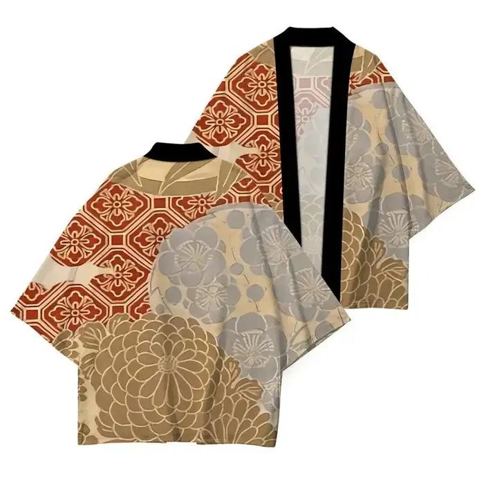 Kimono Japonais Décontracté Imprimé Fleuri Haute Qualité Polyesters Pour Hommes Femmes Occasions Spéciales Plage Détente
