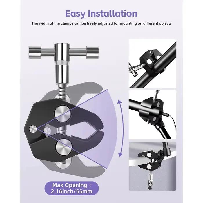 Bras magique réglable avec super pince, bras articulé de 9 pouces, pince à friction, kit de vis à crabe pour caméra, moniteur, lumière