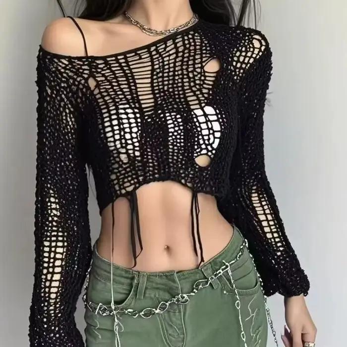 Y2k recadrée trou pull Sexy Gyaru évider tricot pulls Goth coréen à manches longues pull été mode pu