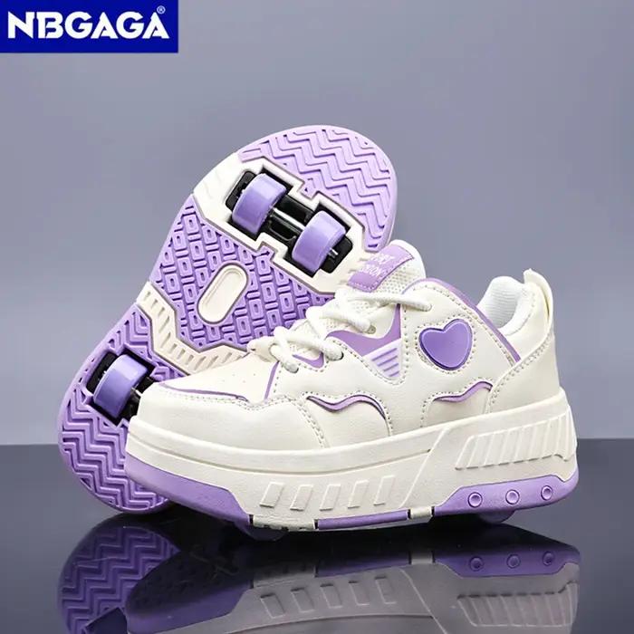 Chaussures de sport à roulettes ultra-légères pour enfants, motif cœur, quatre roues, pour la marche