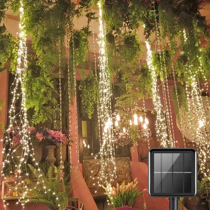 1 paquet de guirlandes lumineuses à énergie solaire 200 LED cascade lumières étanche vigne chaîne fée lumière pour jardi