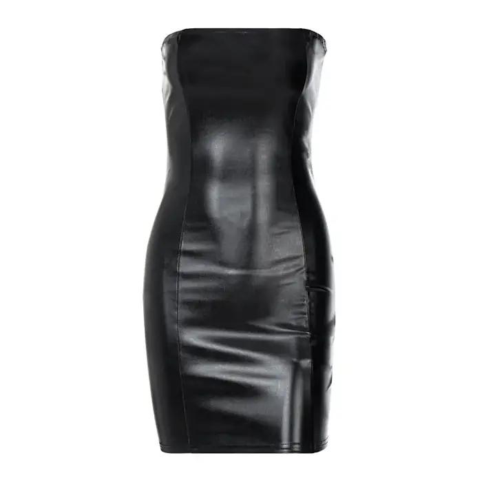 Femmes été Sexy fête sans bretelles moulante en cuir Pu mince paquet hanche noir Mini robe robe d'ét