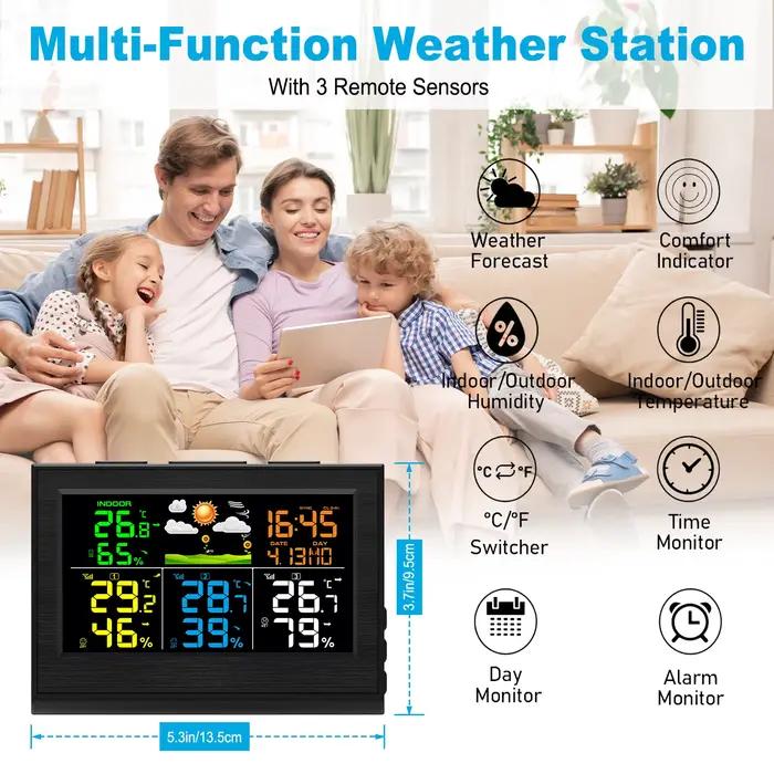 Station météo sans fil 2025, thermomètre numérique intérieur/extérieur, hygromètre avec 3 capteurs à distance, prévisions météo, heure pour la maison
