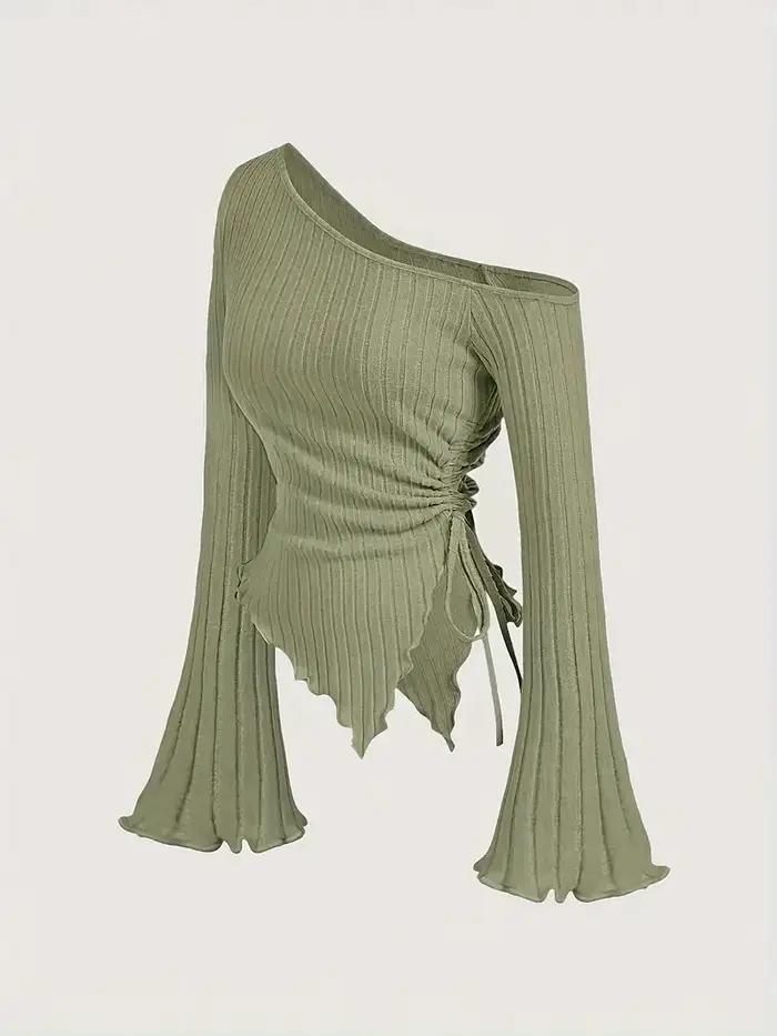 Nouveau femmes Sexy épaules nues croix à manches longues mince T-Shirt décontracté Style de rue asymétrique élégant T-Sh