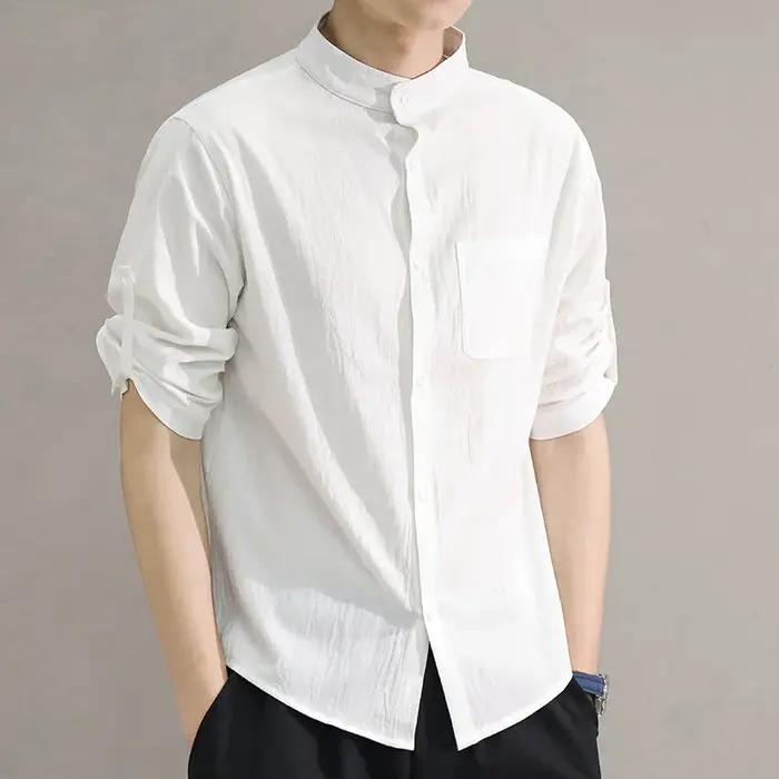 Chemise à manches courtes pour hommes, col montant, cinq points, manches mi-longues, à la mode, manc