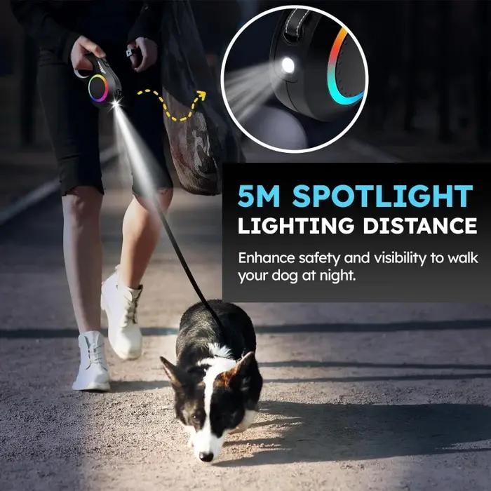 Laisse rétractable avec lampe de poche LED pour chiens de petite, moyenne et grande race