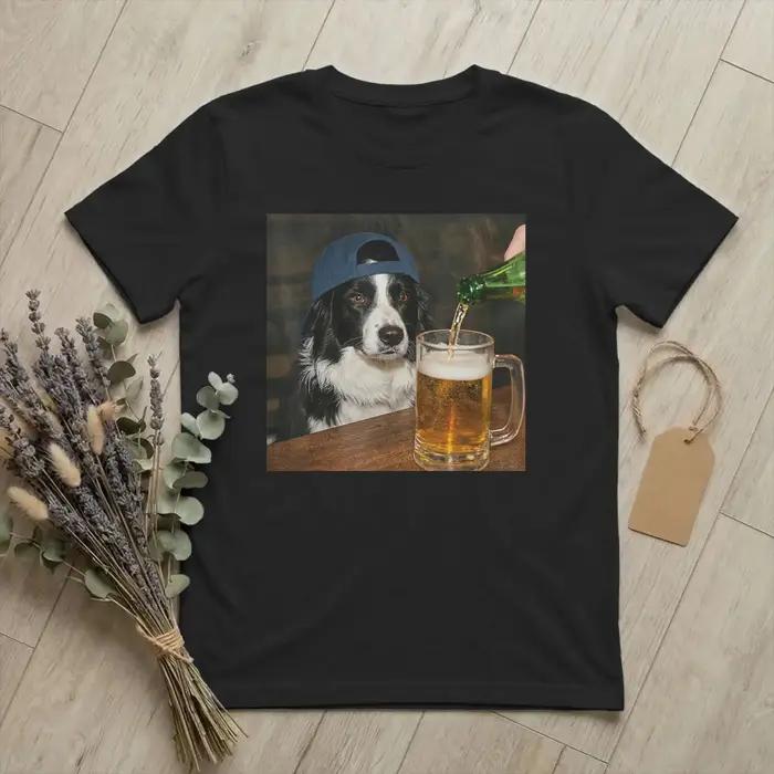 T-shirts pour hommes avec motif Border Collie buvant de la bière, humoristique, en coton, vintage, à