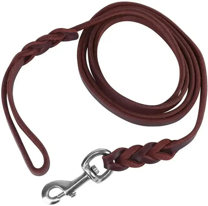 Laisse longue tressée en cuir véritable pour chiens