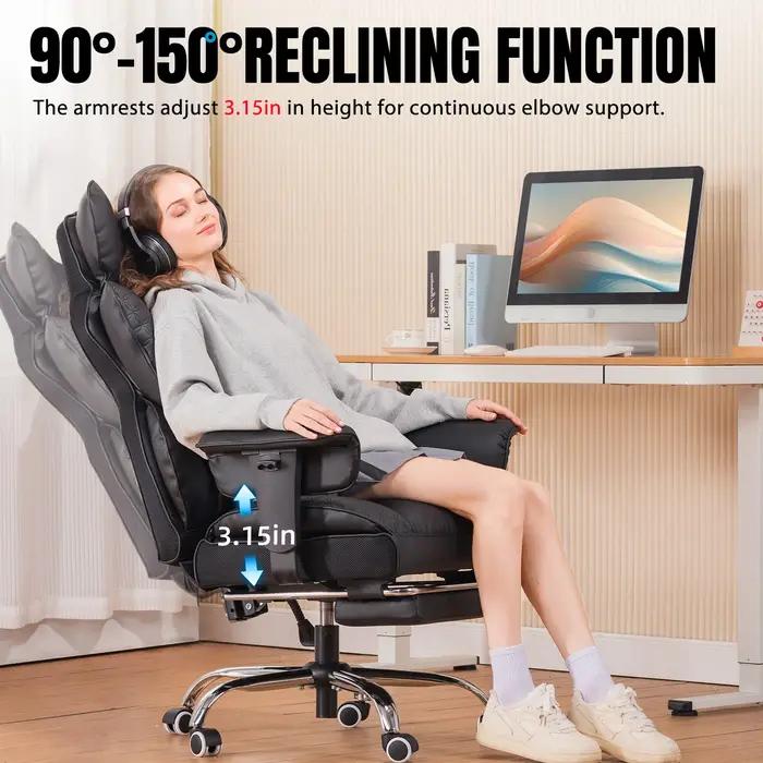 Chaise de bureau ergonomique en cuir, chaise de jeu à dossier haut avec repose-pieds, accoudoirs rég