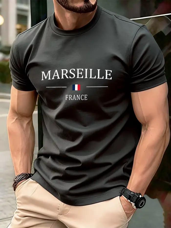 T-Shirt en coton 100% tricoté avec impression drapeau de Marseille pour homme style décontracté pour voyager et occasions spéciales