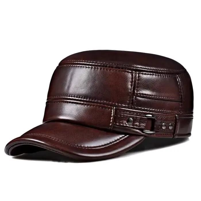 Casquette d'hiver en cuir véritable pour hommes, casquette plate, militaire, élégante, casquette de