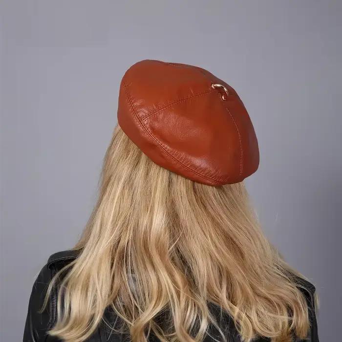 Chapeau béret en cuir véritable pour femme, casquette de peintre de citrouille européenne, couleur a