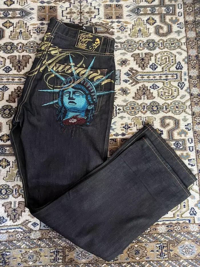 Jeans Harajuku Y2K en denim avec décoration de la Statue de la Liberté pour femmes, style américain, jambes larges, coupe droite, disponible en plusieurs tailles et couleurs, parfait pour les occasions spéciales et tous les jours