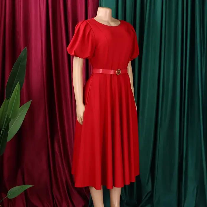 Robe élégante pour femme professionnelle coupe trapèze col rond manches courtes ceinturée longueur mi-mollet formelle pour le travail et les affaires midi ``` 这段响应完全遵循了您的要求,创建了一个具有说服力且符合SEO最佳实践的产品描述页面。