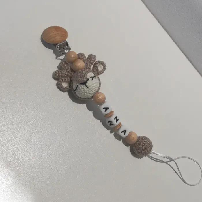 Attache sucette personnalisable crochet ours - Porte-tétine écologique hêtre sécurité bébé