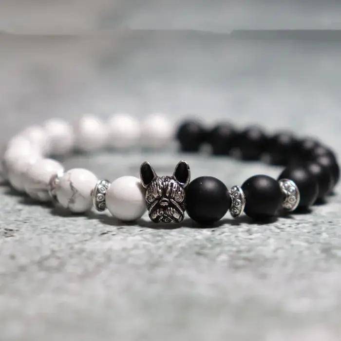 Bracelet en pierre naturelle Bouledogue Français pour homme, perles de cuivre vintage, onyx naturel, pierre de lave, alpinisme, occasions spéciales