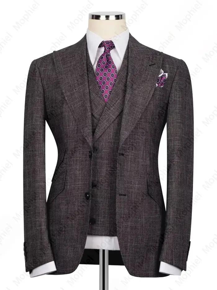 Costume Homme Marron Léger en Lin et Coton à Revers Pointus, Simple Boutonnage, pour Mariage et Affaires, Veste de Smoking + Gilet et Pantalon