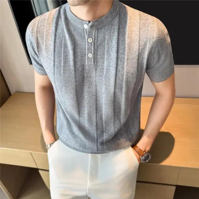 T-shirt d'été en mélange de lin à col Henley pour homme