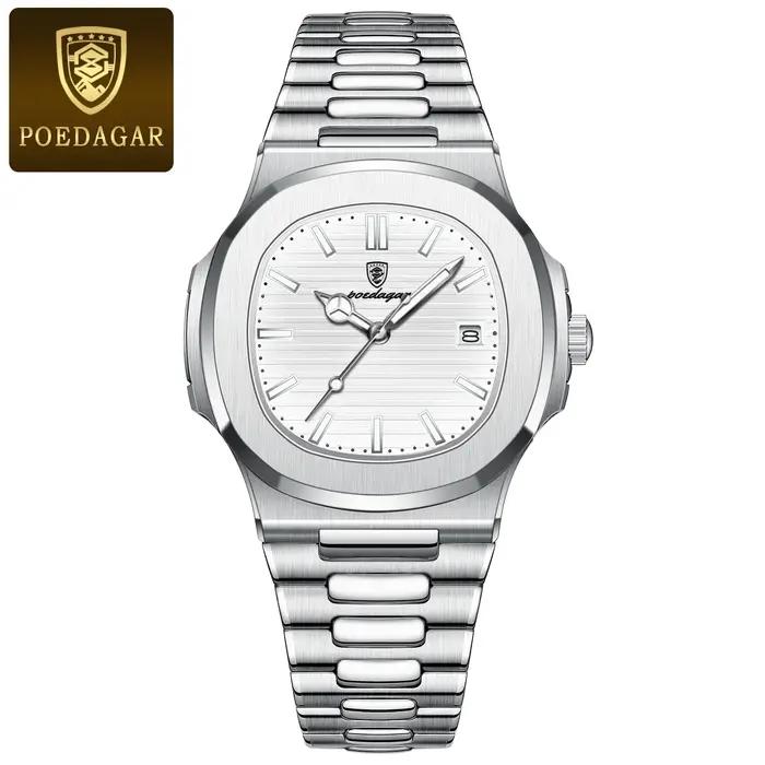Montre homme carrée POEDAGAR quartz étanche date lumineuse - Acier inoxydable luxe affaires
