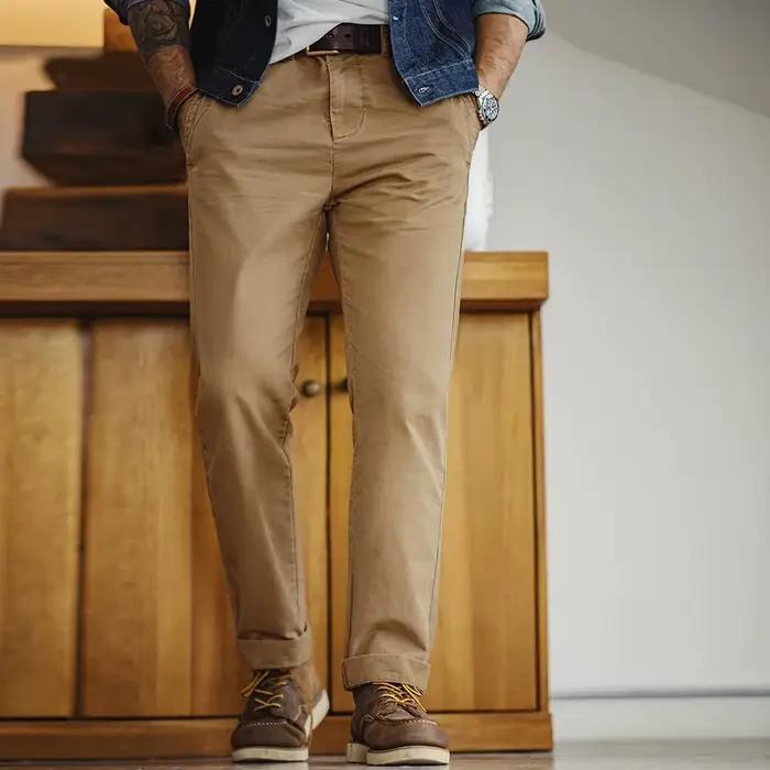 Pantalon vintage homme en twill coton lourd - Coupe droite classique automne - Workwear avec fermeture éclair