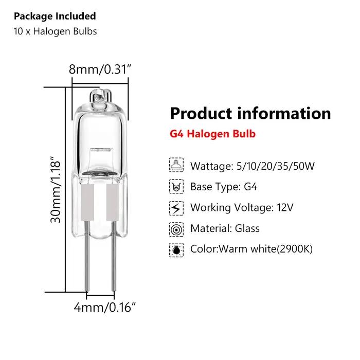 10 pièces G4 ampoule halogène 12V 5W 10W 20W 35W 50W G4 ampoules halogènes Globe lumineux Lot JC bi-