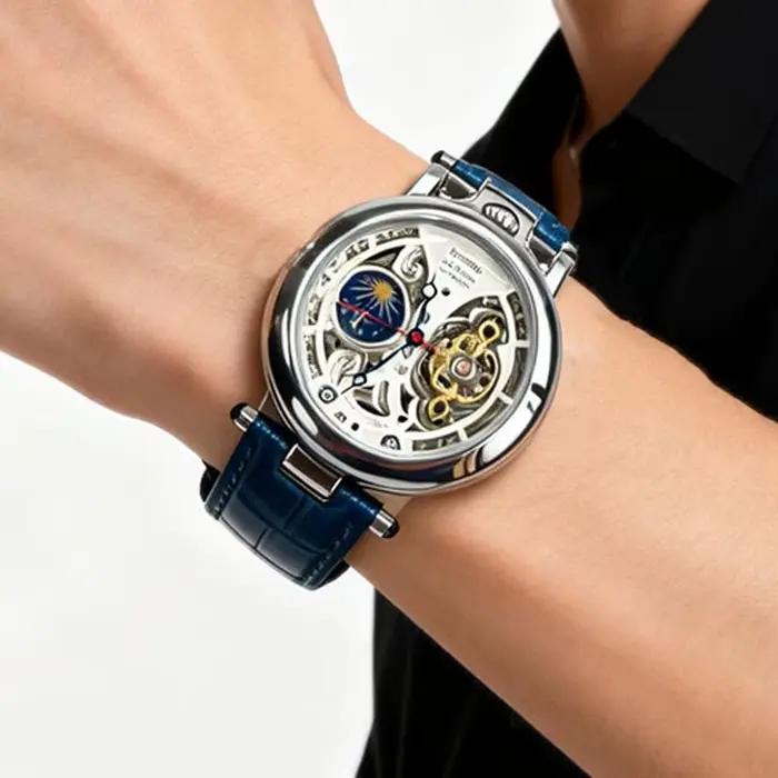 Montre homme mécanique luxe phase lune - Tourbillon automatique cuir date semaine originale