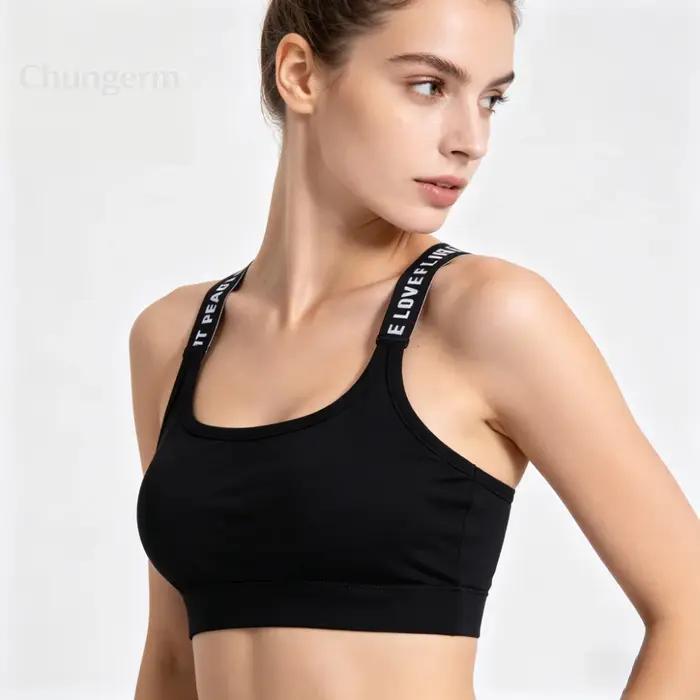 Soutien-gorge de sport sans couture pour femme, avec larges bretelles à lettres, confortable pour le yoga et le fitness, sans armatures, idéal pour l'entraînement et les activités sportives.