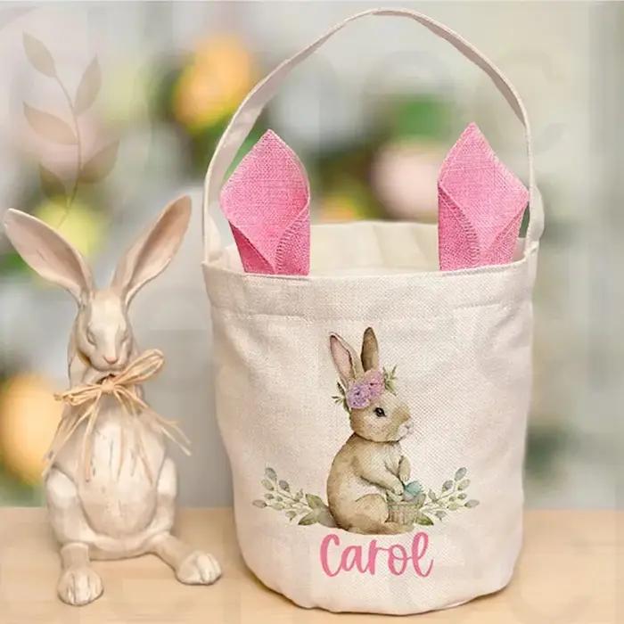 Panier de chasse aux œufs personnalisé, lapin Vintage, sac de pâques joyeux, décoration de ferme rustique, sac cadeau pour enfants, garçons et filles