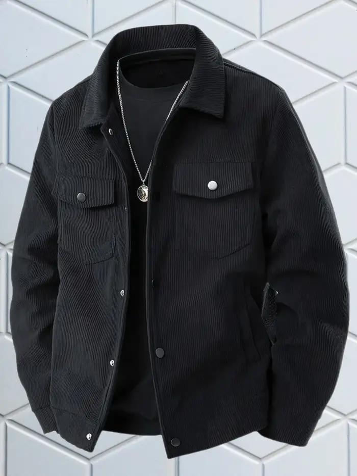 Veste en velours côtelé noir décontractée pour homme, style vintage, manches longues, boutonnée