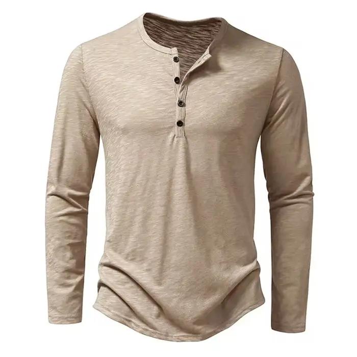 T-Shirt à Manches sulfet Col Henley en Coton pour Homme, Décontracté, Solide, Respirant, Polyvalent,