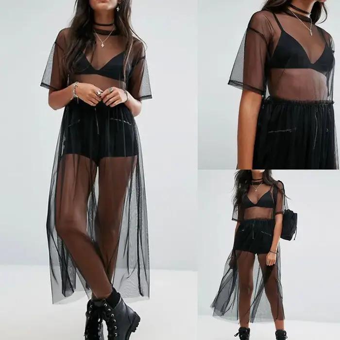 Sexy femmes soirée noir voir à travers maille robe pure Maxi