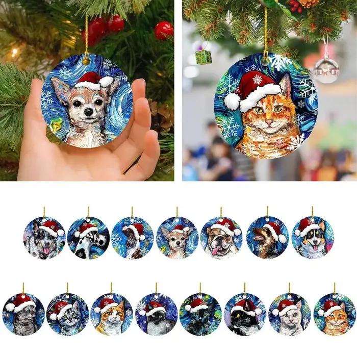 2D noël chat chien avec chapeau pendentif décoratif dessin animé chat arbre de noël suspendus ornements suspendus acrylique noël chiens chat porte-clés