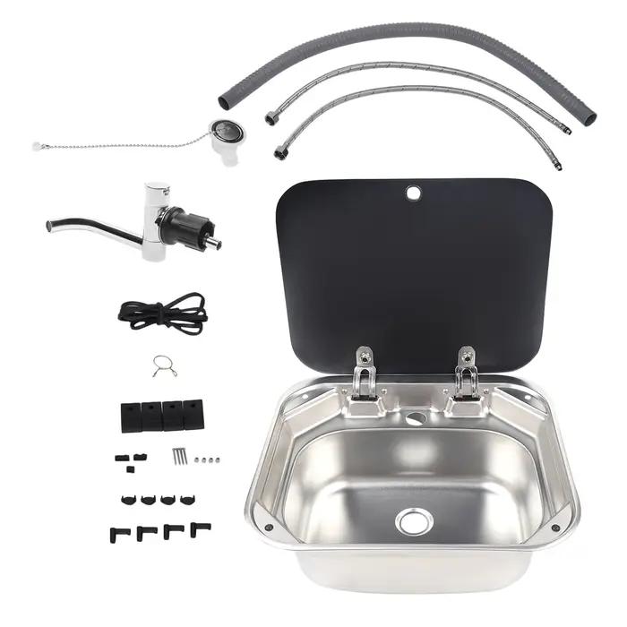 Lavabo de camping-car en acier inoxydable, Lavabo à main avec couvercle en verre