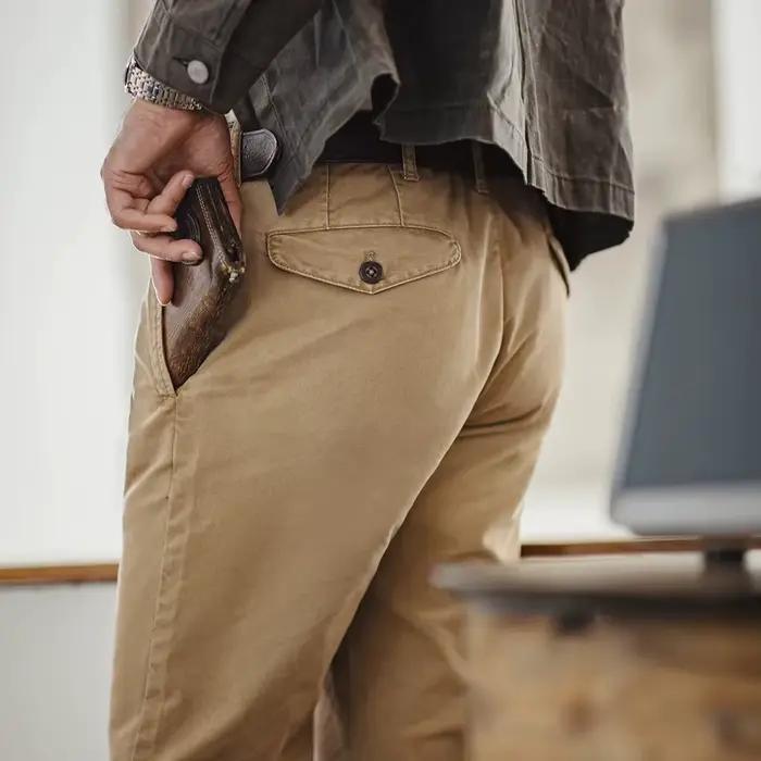 Pantalon vintage homme en twill coton lourd - Coupe droite classique automne - Workwear avec fermeture éclair