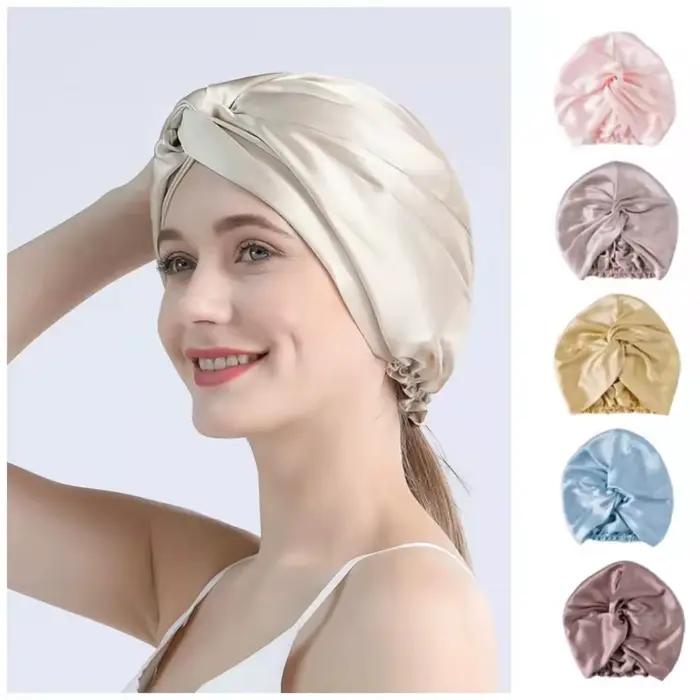 Bonnets Turban en soie de mûrier pour femmes, bonnet de nuit torsadé 19 Momme, bonnet enveloppant de